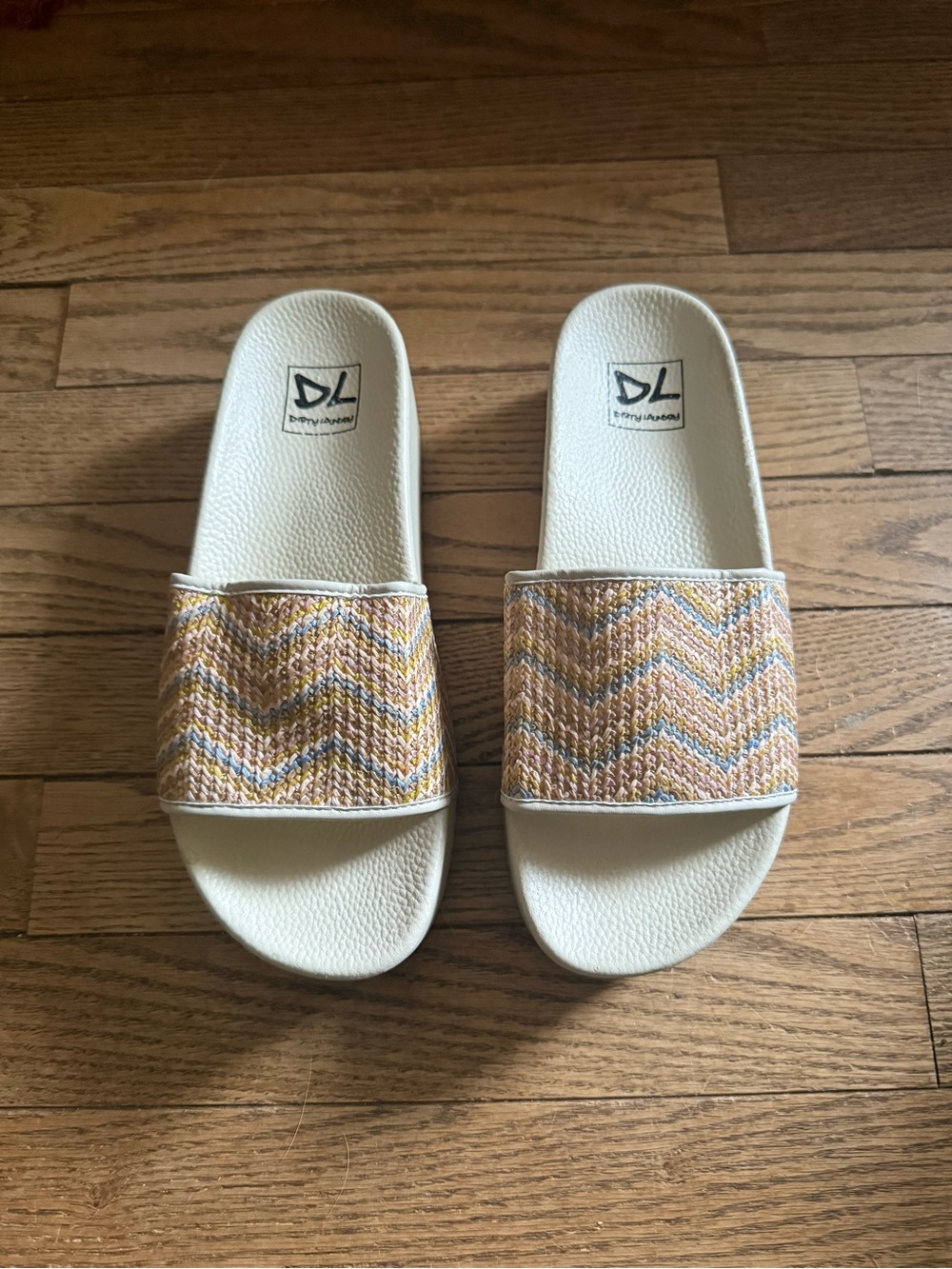 Dirty Laundry Cream Slide Sandals with Woven Chevron Straps